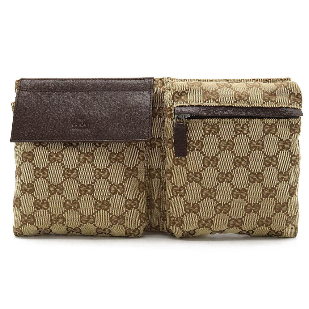 Gucci GG Canvas Body Belt Bag Waist Hip Leather Beige Brown Cream